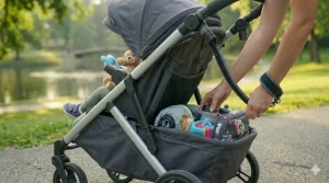 Top-down view of a large under-seat storage basket filled with running essentials and a diaper bag.