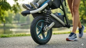 Diagram showing the difference between a swiveling front wheel and a locked position for high-speed running.