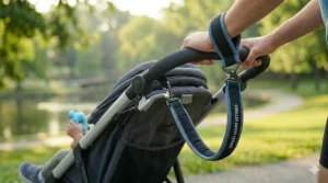 A safety wrist strap attached to the handlebar of the best jogging stroller to prevent runaway accidents.