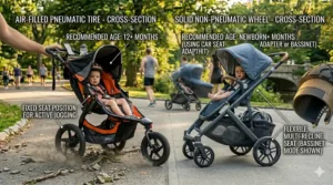 Diagram showing the fixed seating position for older infants in jogging strollers compared to the newborn-ready recline of a regular stroller.