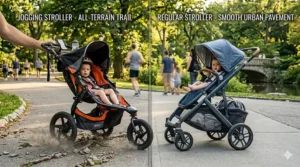 Illustration depicting a jogging stroller on a dirt trail and a regular stroller on a smooth city sidewalk to show terrain versatility.