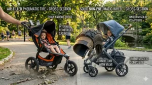 Comparison of large air-filled pneumatic tires used on jogging strollers versus smaller foam-filled wheels on regular strollers.