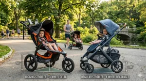 Illustration showing the triangular three-wheel design of a jogging stroller versus the stable four-wheel base of a regular stroller.