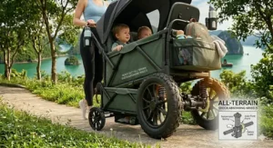 Interior view of a spacious two-seater push wagon stroller with footwell.