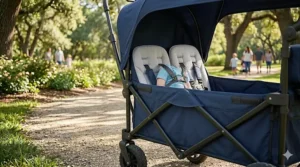 Close-up illustration of the secure 5-point safety harness system inside a foldable wagon stroller for two toddlers.