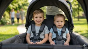 Illustration of a secure five-point safety harness system used in top-rated wagon strollers.
