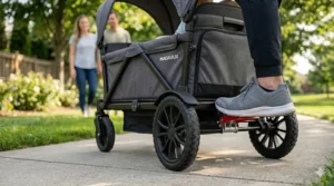 Close-up of a one-step foot brake system on a wagon stroller to prevent rolling on inclines.