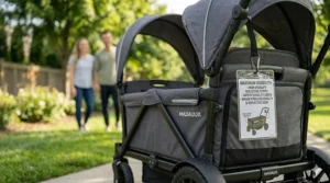 High-visibility reflective strips on the side of a wagon stroller for safe walking in low-light conditions.