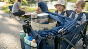 A removable UV-protection canopy attached to an entry-level wagon stroller.