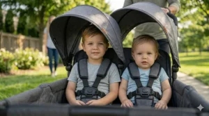An adjustable UPF 50+ canopy on a wagon stroller providing sun protection for seated toddlers.