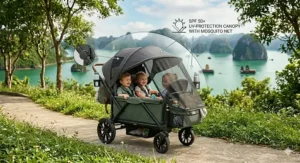 Illustration of an adjustable UV-protection canopy on a push wagon stroller for sun safety.