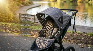 Illustration of an everyday jogging stroller with a large adjustable UPF sun canopy extended.