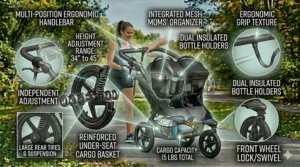 Illustration of the ergonomic adjustable handlebar positions on a double infant jogging stroller for runner comfort.