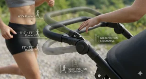 An ergonomic diagram showing the multiple height adjustment settings available on the handlebar of a specialized jogging stroller for runners of different statures.