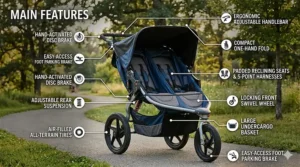 Infographic diagram showing the key features of an affordable double jogging stroller, including the locking front wheel and handbrake.