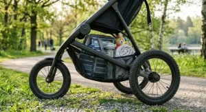 The large under-seat storage basket of a budget jogging stroller filled with a diaper bag and water bottle.