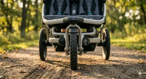 A marathon runner pushing a dual-child running stroller along a scenic trail during a morning workout.
