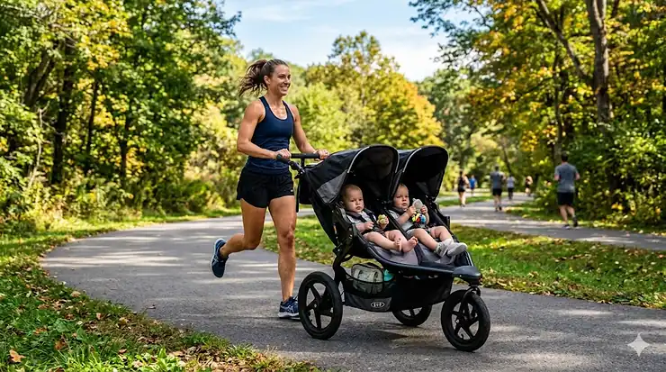 A parent jogging on a paved park trail pushing a double infant jogging stroller with two babies securely buckled inside.