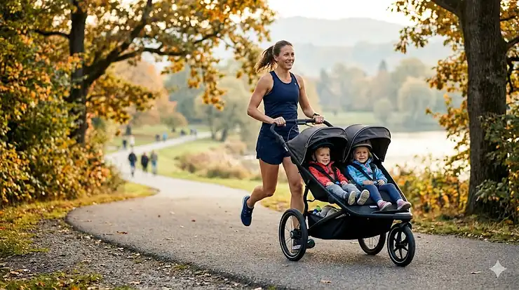 A professional athlete running on a paved park trail pushing a high-performance double jogging stroller with two toddlers.