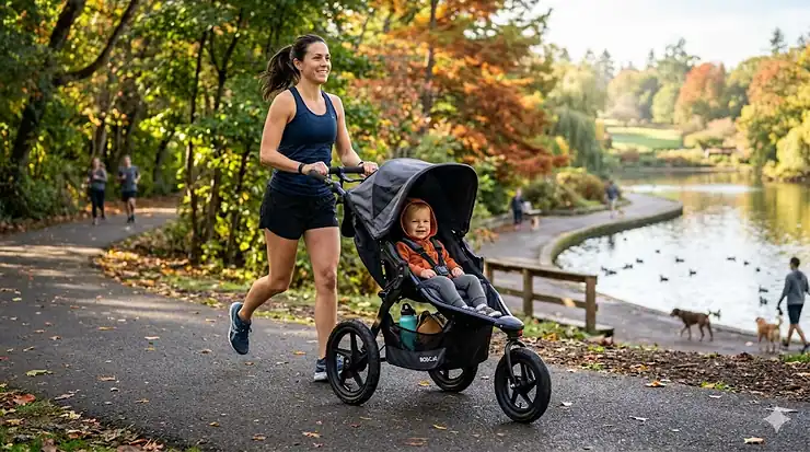 A parent pushing an everyday jogging stroller on a paved park path during a morning run.