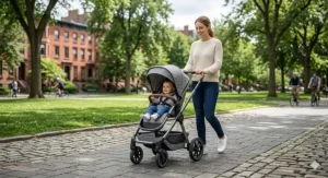 Side view of a compact folding everyday stroller standing upright independently after being collapsed
