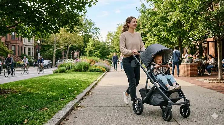 A mother walking down a city sidewalk pushing a modern, top-rated best everyday stroller with a sleek design.