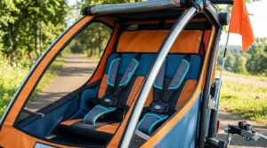 Close up illustration of a child bike trailer interior highlighting the five point safety harness and protective roll cage.