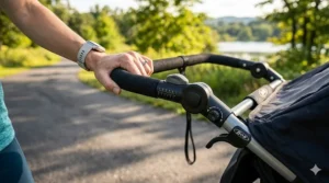 A parent adjusting the tracking and height-adjustable handlebar on a BOB double jogging stroller.