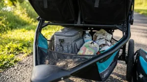 The extra-large under-seat storage basket of a BOB double jogging stroller filled with diaper bags and supplies.