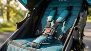 Detailed view of the secure five-point padded safety harness inside a BOB double jogging stroller.