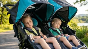 Two toddlers napping in the independent deep-recline seats of a BOB double jogging stroller.