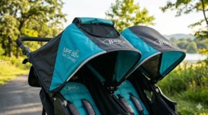 Large UPF 50 plus sun canopies extended over the seating area of a BOB double jogging stroller.