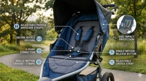 Illustration of the secure five-point safety harness system inside a cheap double running stroller seat.