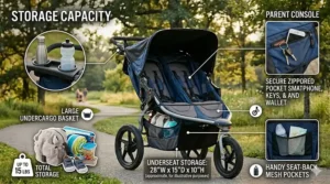 Illustration highlighting the large under-seat storage basket and parent organizer pockets on a cheap double stroller for jogging.