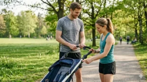 A tall parent and a shorter parent demonstrating the adjustable handlebar height on a cheap jogging stroller.