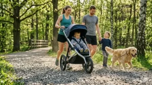 A family walking with a cheap jogging stroller on a gravel trail, highlighting its versatility on uneven surfaces.
