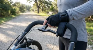 Close-up of the handbrake and wrist strap on a budget-friendly jogging stroller for added safety.