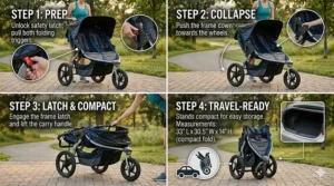 Step-by-step illustration demonstrating how to fold a cheap double jogging stroller for compact car trunk storage.