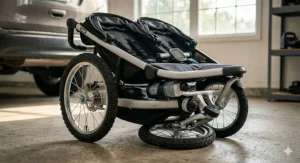 A lightweight double jogging stroller folded down compactly for easy transport in a car trunk.