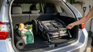 Diagram showing how to fold an everyday jogging stroller for storage in a car trunk.