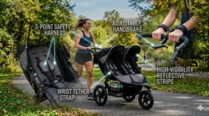 Diagram showing the essential safety features of a double infant jogging stroller, including the handbrake and 5-point safety harness.