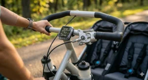 Ergonomic adjustable handlebar featuring a manual twist handbrake for downhill speed control on a double running stroller.