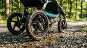 Air filled rubber tires of a double jogging stroller navigating over gravel and dirt park paths.