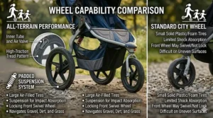 Graphic illustrating the difference between air-filled tires on a cheap double jogging stroller and standard plastic stroller wheels.