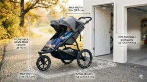 Infographic showing the width and length dimensions of a side-by-side double jogging stroller fitting through a standard doorway.