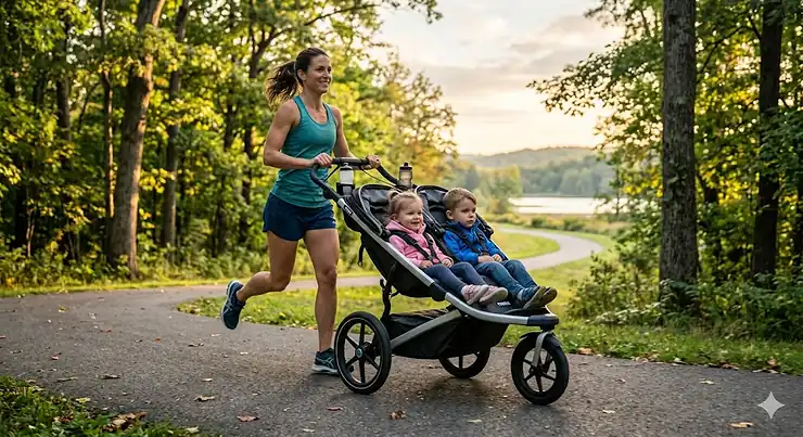 An athletic parent training on a paved park path with a high-performance double jogging stroller for serious runners.