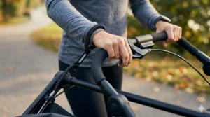 Close-up illustration of a double jogging stroller's integrated hand brake and safety wrist strap for downhill control.
