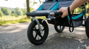 A parent’s hand tightly gripping the contoured handlebar with integrated handbrake of a double jogging stroller, showcasing precise maneuverability on a park path.