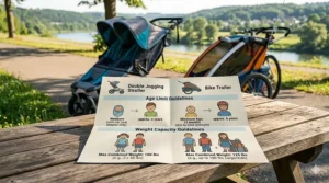 Graphic illustrating age and head support requirements for riding in a double jogging stroller versus a bicycle trailer.