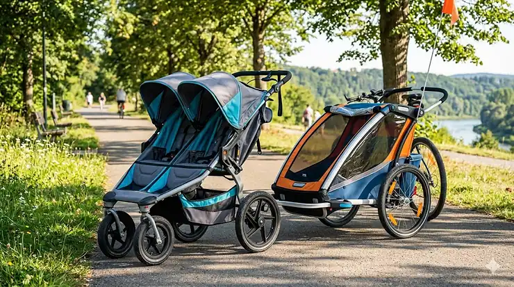 Side by side comparison of a double jogging stroller and a multi child bike trailer parked on a paved park trail. double jogging stroller vs bike trailer